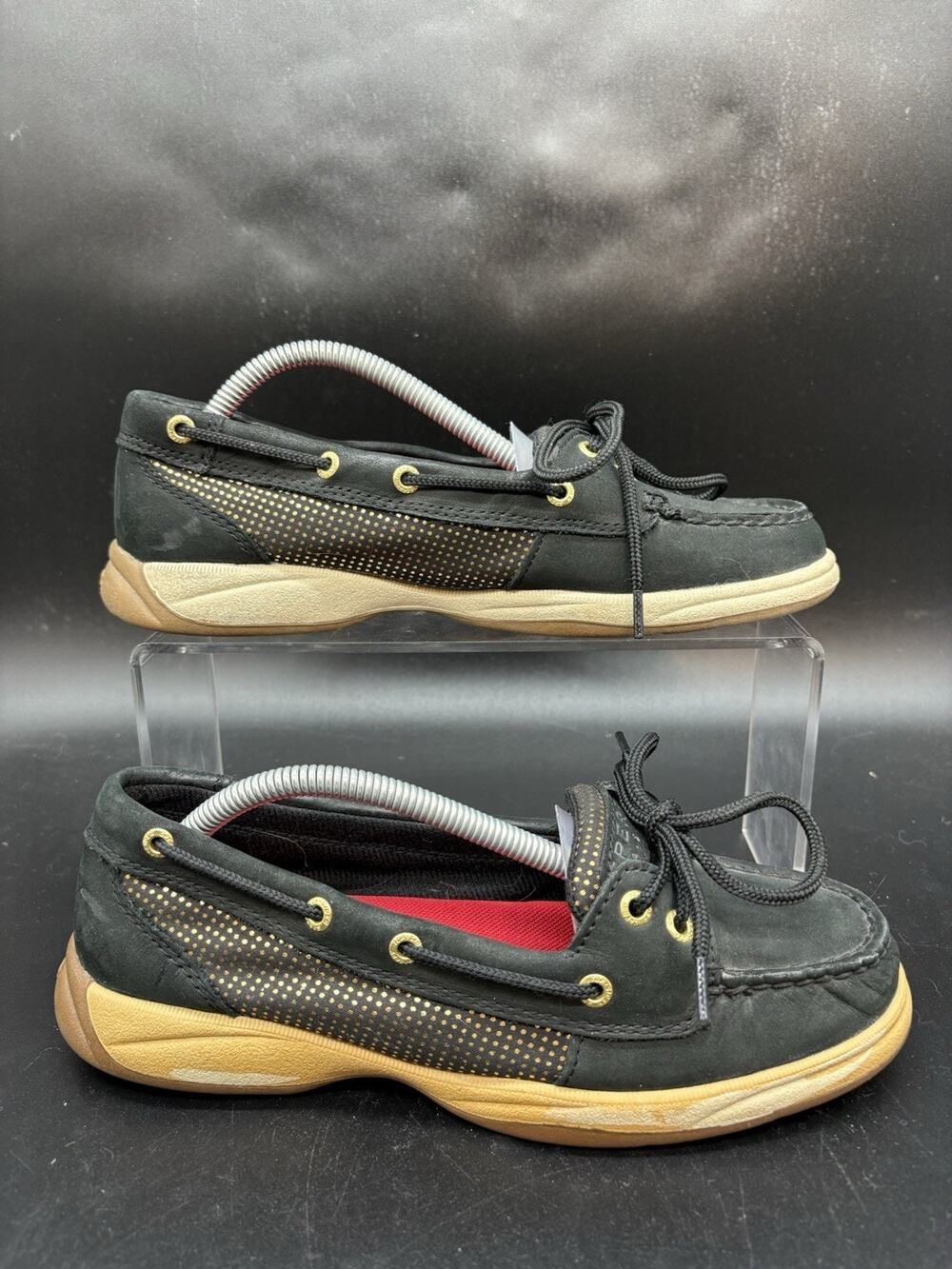 Sperry Black Gold Leather Mesh Boat Shoes Non Slip Deck Shoes Womens Size 7
